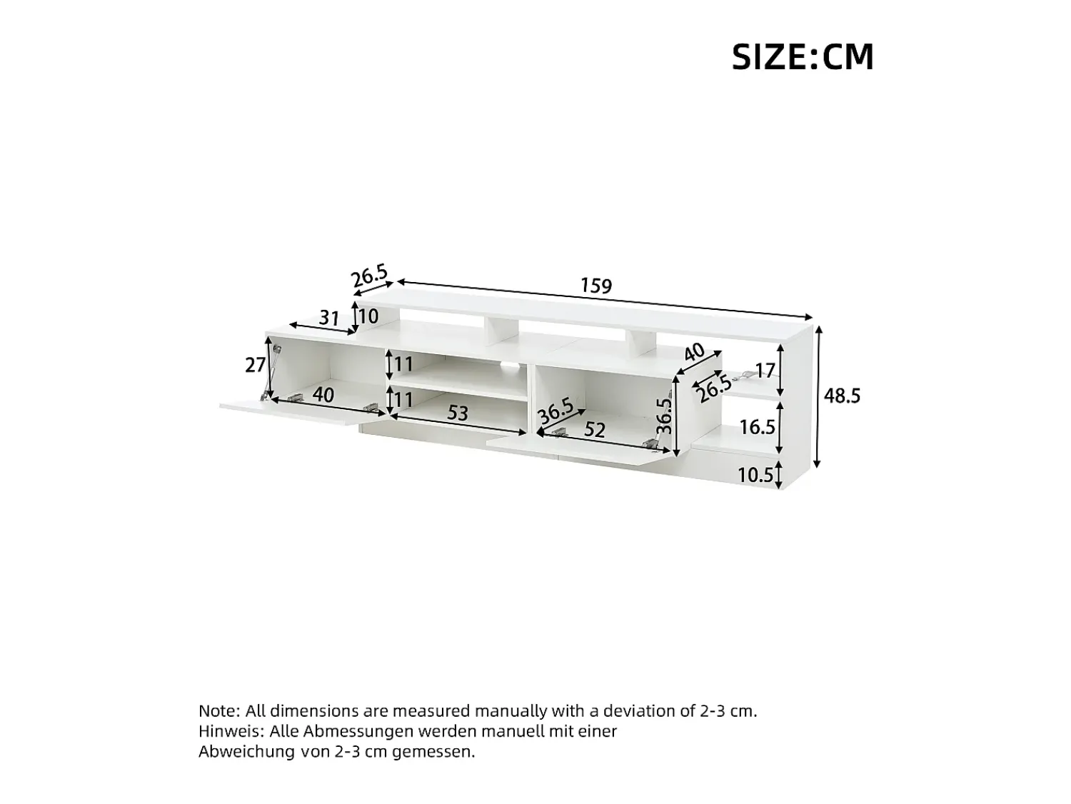 Clearance ModernLuxe Móvel para TV 190x40x48,5 cm - com iluminação LED - 2 portas basculantes - Espaço de armazenamento aberto - Acabamento brilhante - Branco