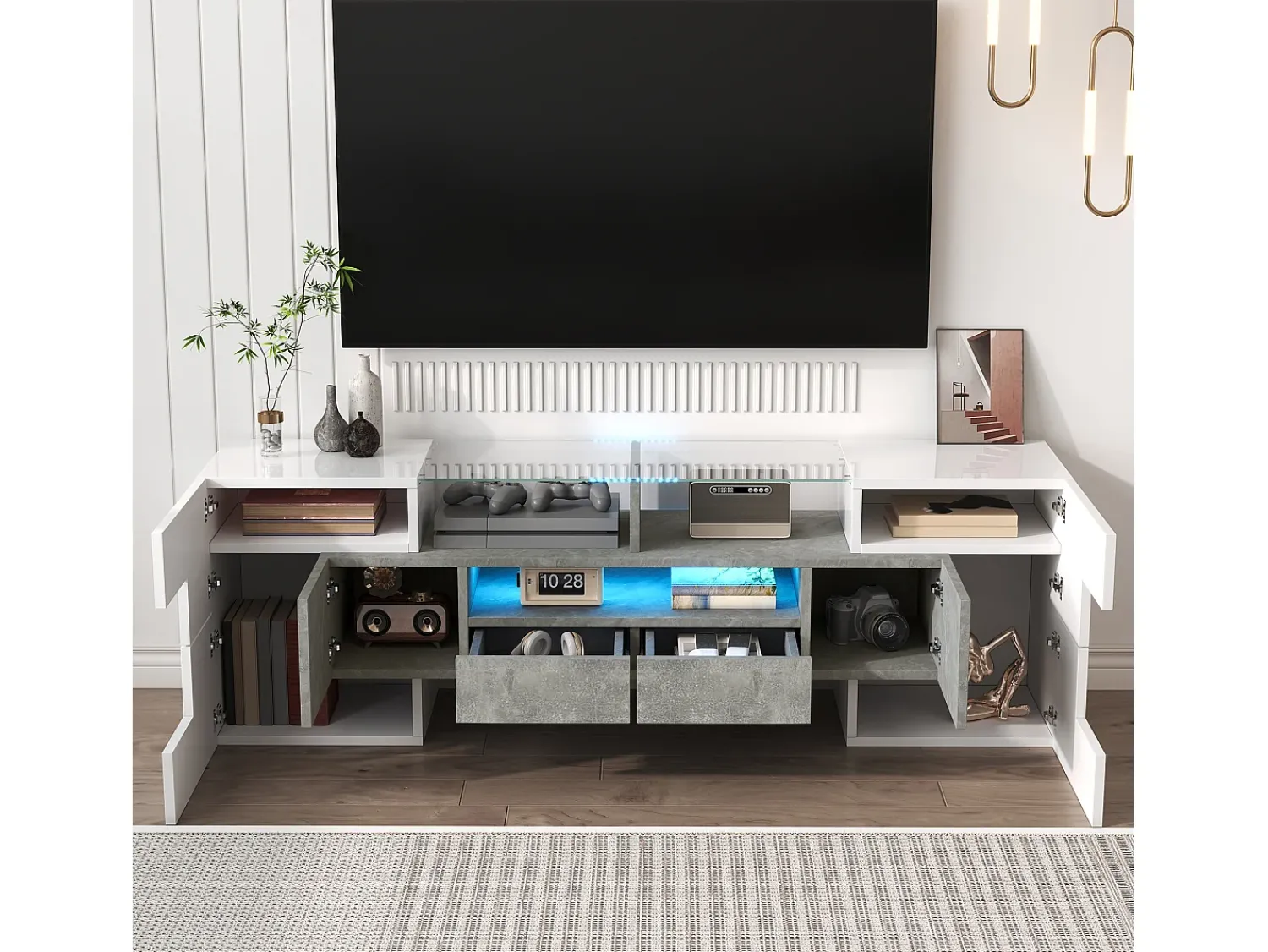 ModernLuxe Móvel para TV 145x30x51 cm - com iluminação LED - com 4 portas - 2 gavetas - prateleiras - branco^ Móvel De Tv