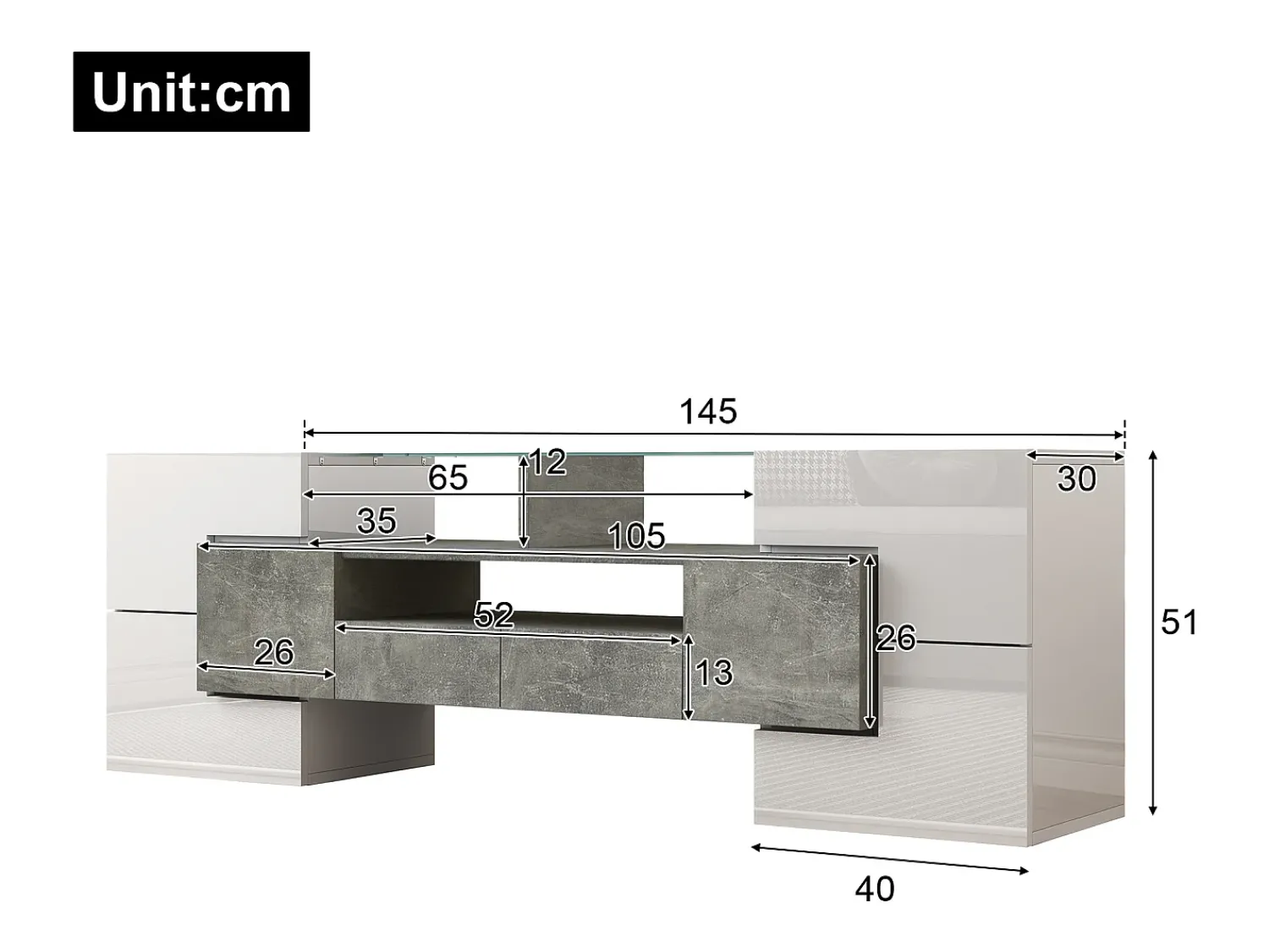 ModernLuxe Móvel para TV 145x30x51 cm - com iluminação LED - com 4 portas - 2 gavetas - prateleiras - branco^ Móvel De Tv