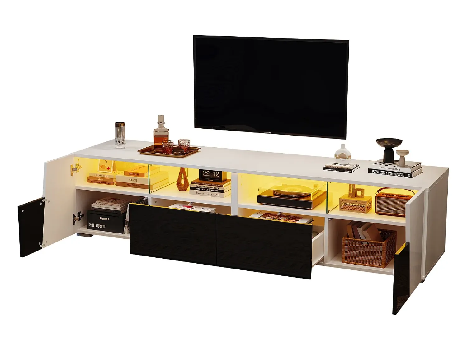 Hot ModernLuxe Móvel para TV 180x38,5x45 cm - com iluminação LED - 2 gavetas e 2 portas - Prateleiras abertas - Acabamento brilhante - Branco + preto Preto / Branco