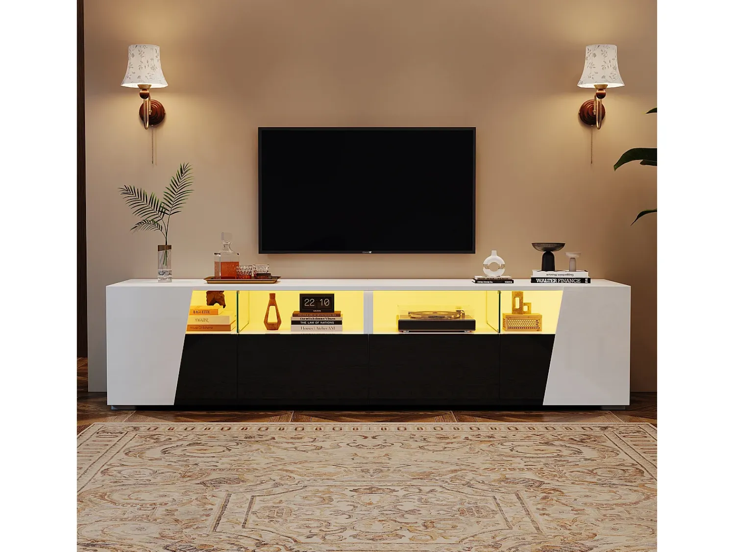 Hot ModernLuxe Móvel para TV 180x38,5x45 cm - com iluminação LED - 2 gavetas e 2 portas - Prateleiras abertas - Acabamento brilhante - Branco + preto Preto / Branco