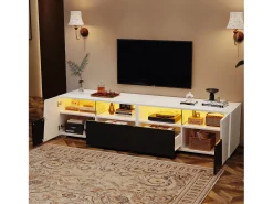 Hot ModernLuxe Móvel para TV 180x38,5x45 cm - com iluminação LED - 2 gavetas e 2 portas - Prateleiras abertas - Acabamento brilhante - Branco + preto Preto / Branco