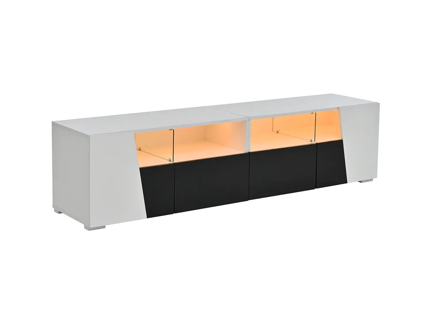 Hot ModernLuxe Móvel para TV 180x38,5x45 cm - com iluminação LED - 2 gavetas e 2 portas - Prateleiras abertas - Acabamento brilhante - Branco + preto Preto / Branco