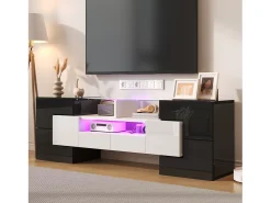 Sale ModernLuxe Móvel para TV 145x30x51 cm - com iluminação LED - 4 portas - 2 gavetas - prateleiras - branco+preto Preto / Branco
