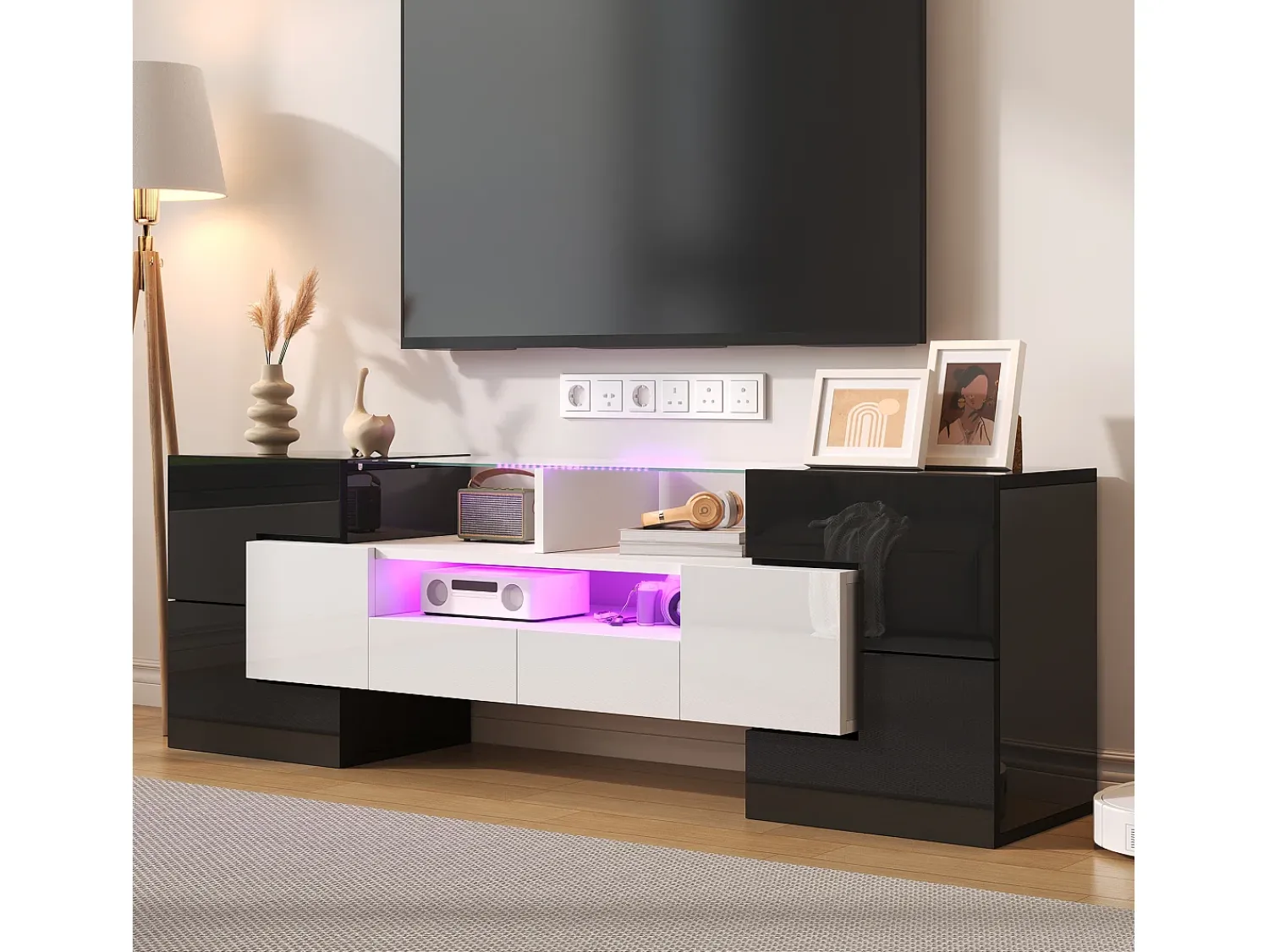 Sale ModernLuxe Móvel para TV 145x30x51 cm - com iluminação LED - 4 portas - 2 gavetas - prateleiras - branco+preto Preto / Branco
