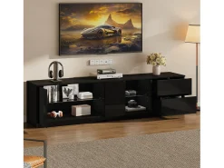 Móvel De Tv*ModernLuxe Móvel para TV 160x40x52 cm - com iluminação LED - 2 gavetas e 1 porta - Acabamento brilhante - MDF - Preto