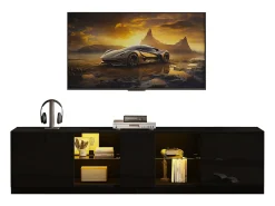 Móvel De Tv*ModernLuxe Móvel para TV 160x40x52 cm - com iluminação LED - 2 gavetas e 1 porta - Acabamento brilhante - MDF - Preto
