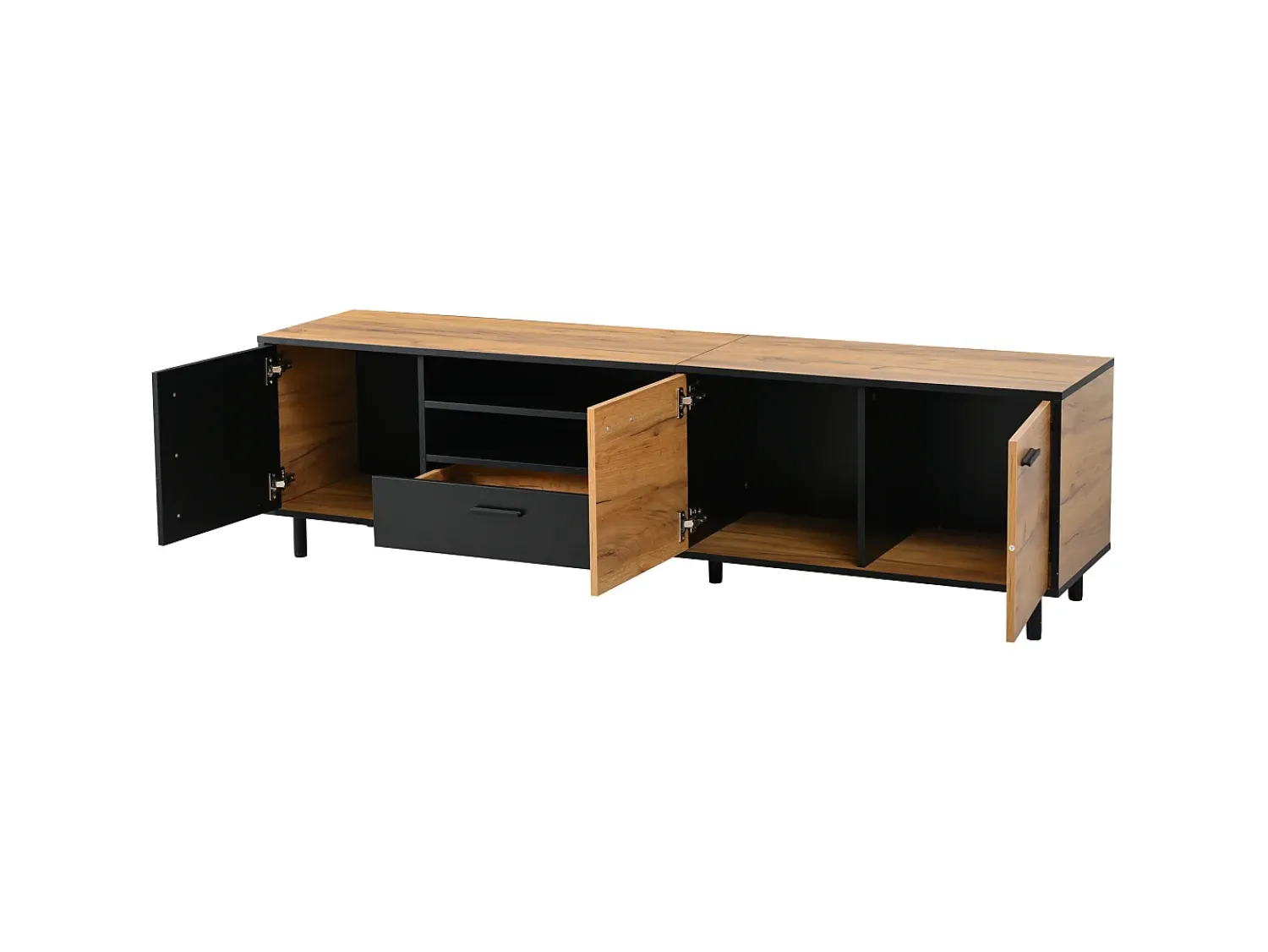 Hot Hauss Spole Móvel para TV 180x32,5x50 cm com 3 portas e uma gaveta - Madeira e cor preta Natural claro