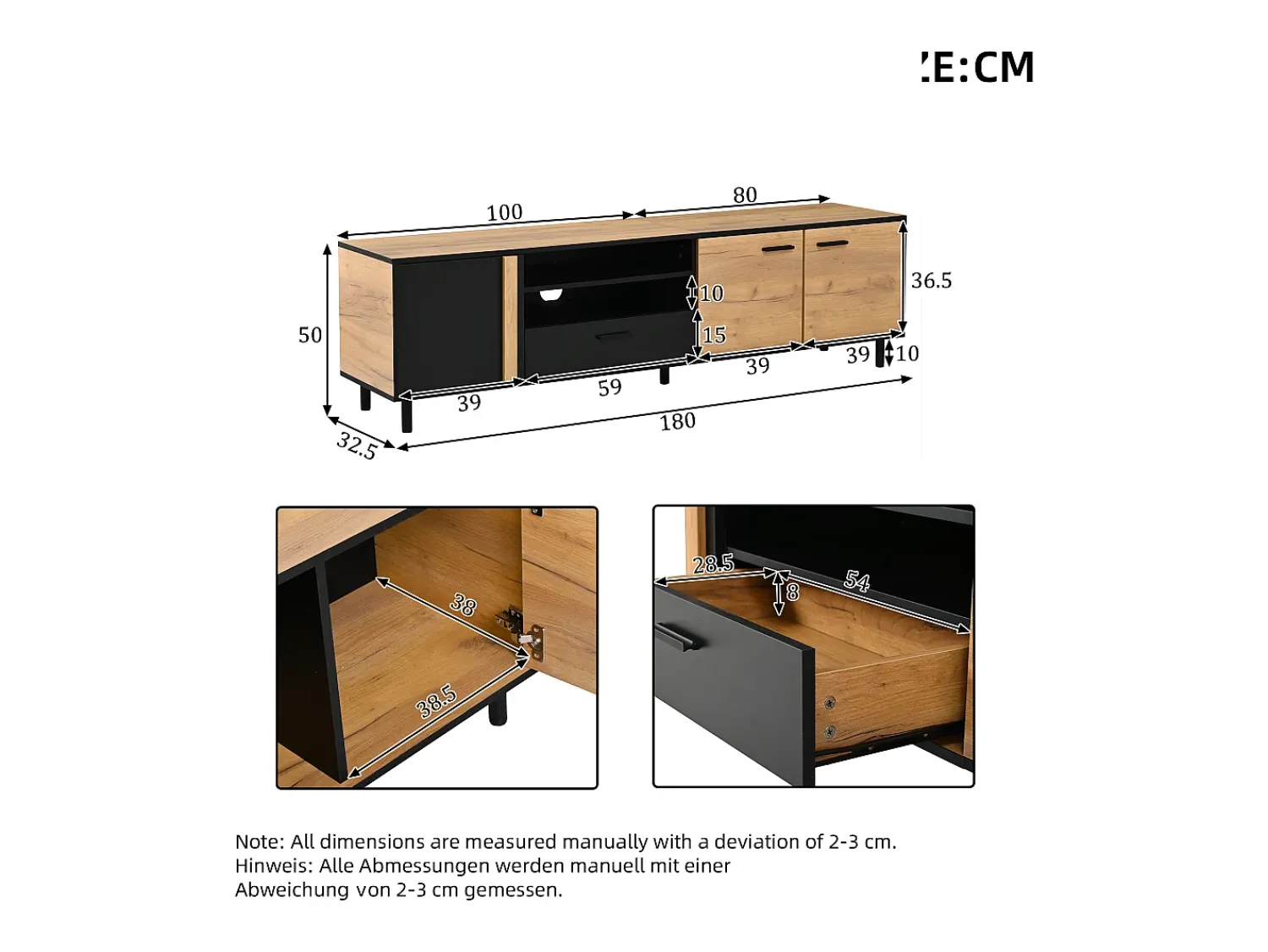 Hot Hauss Spole Móvel para TV 180x32,5x50 cm com 3 portas e uma gaveta - Madeira e cor preta Natural claro