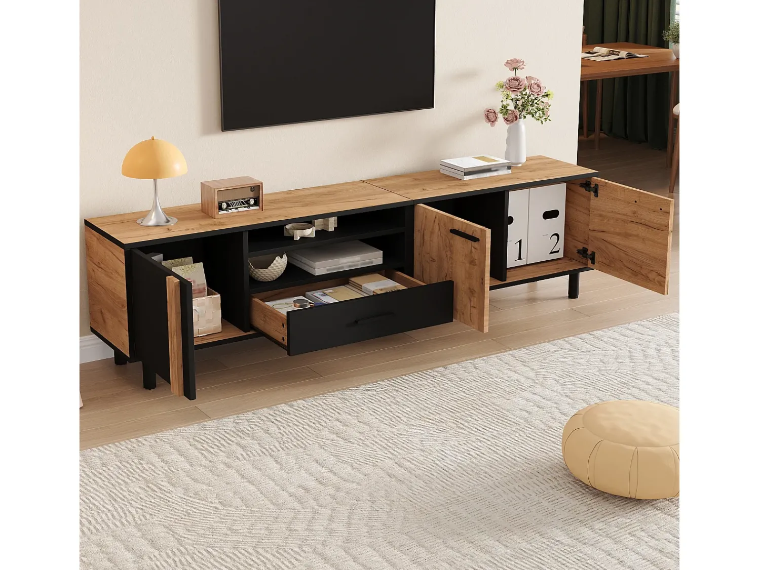 Hot Hauss Spole Móvel para TV 180x32,5x50 cm com 3 portas e uma gaveta - Madeira e cor preta Natural claro