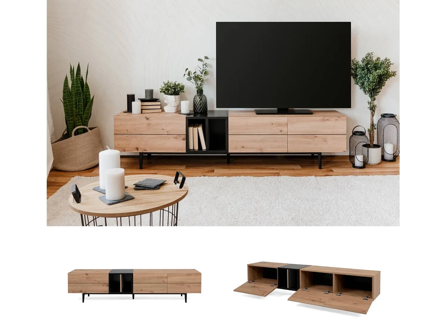 móvel para TV 195x48x37 cm natural preto^ Móvel De Tv