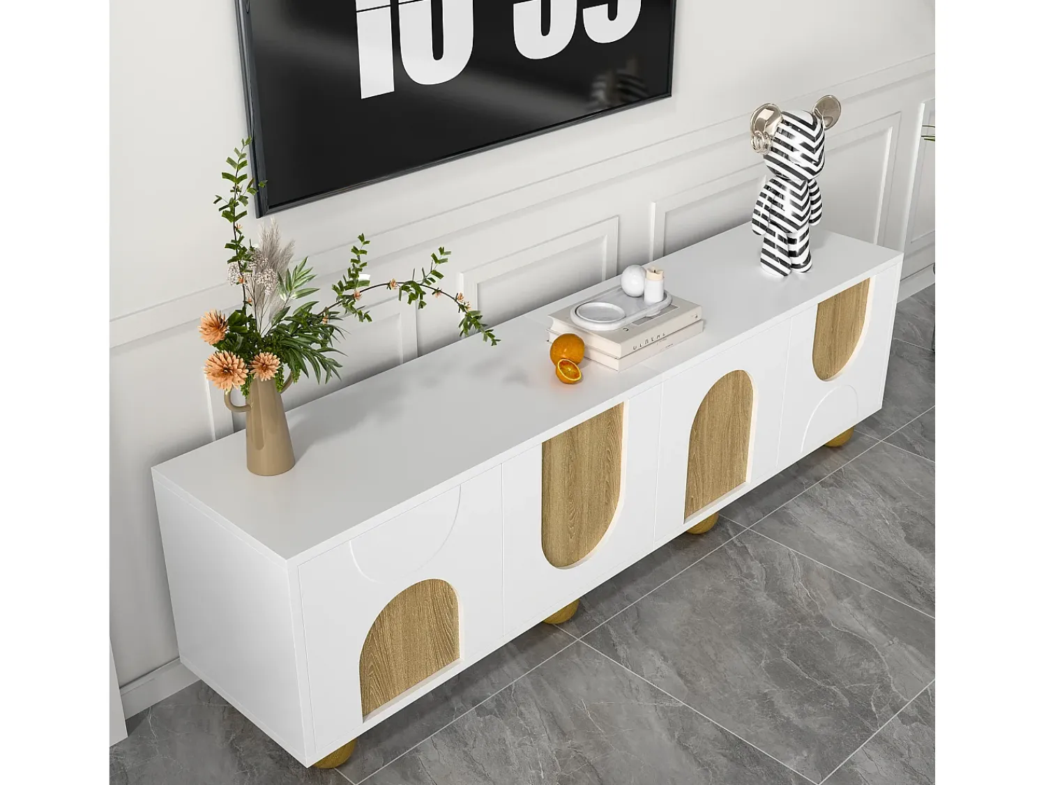 Móvel De Tv|ModernLuxe Móvel para TV 175x38x50cm - 4 portas - aspecto madeira vintage - Pés de madeira - MDF + painéis de partículas - Branco e natural Natural claro / Branco