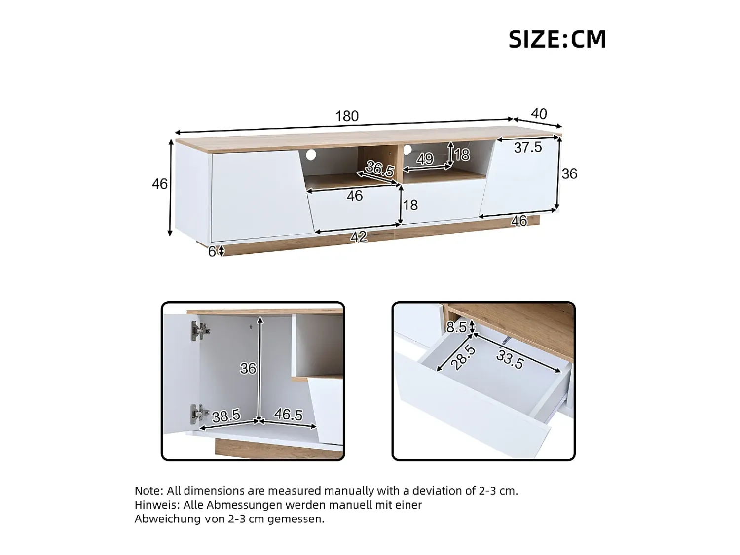 ModernLuxe Móvel para TV 180x40x46cm - com 2 gavetas e 2 portas - com iluminação LED - acabamento brilhante - + natural^ Móvel De Tv