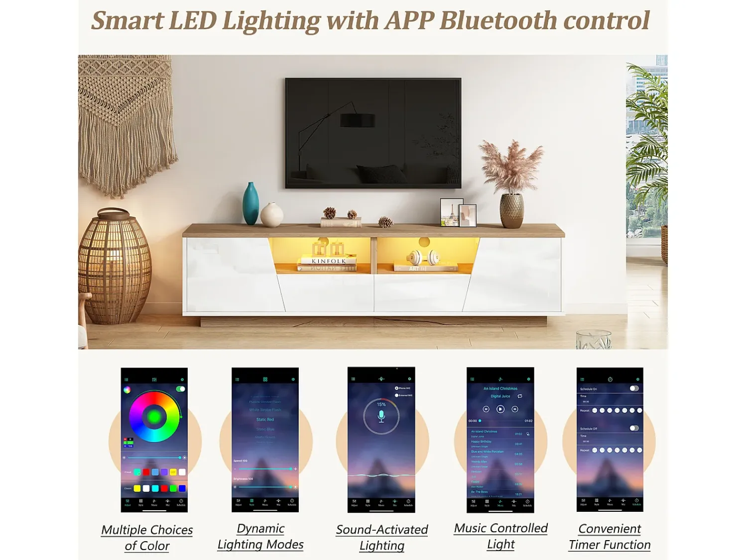 ModernLuxe Móvel para TV 180x40x46cm - com 2 gavetas e 2 portas - com iluminação LED - acabamento brilhante - + natural^ Móvel De Tv