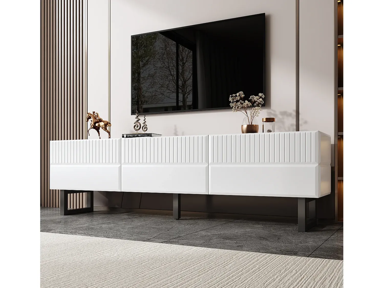 Móvel De Tv|ModernLuxe Móvel para TV 170x35x47cm - com 3 gavetas - Tampo laqueado brilhante - Pés de ferro - MDF - Branco e preto Preto / Branco
