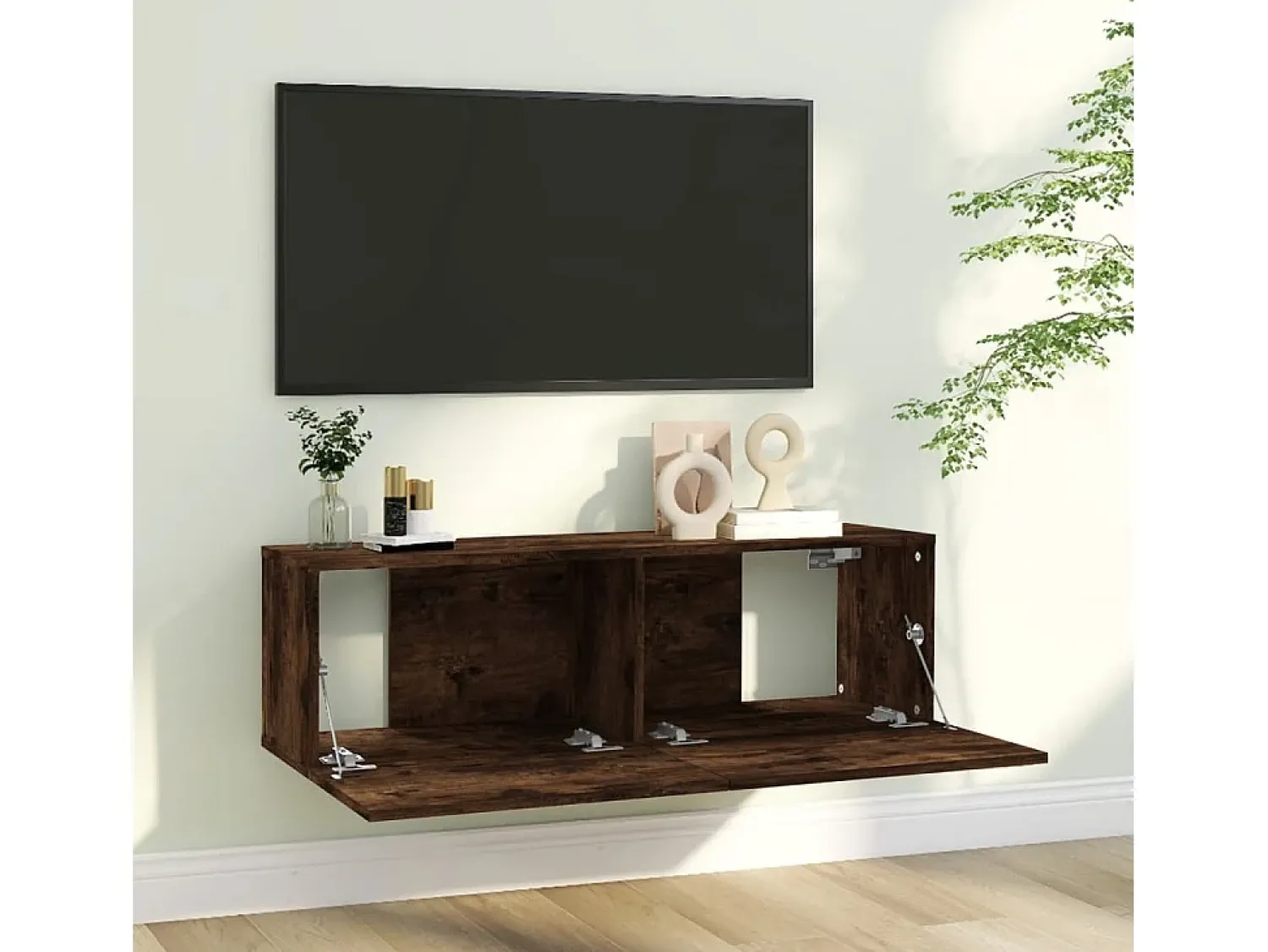Móvel parede TV 100x30x30 cm derivados madeira carvalho fumado PT948592^ Móvel De Tv