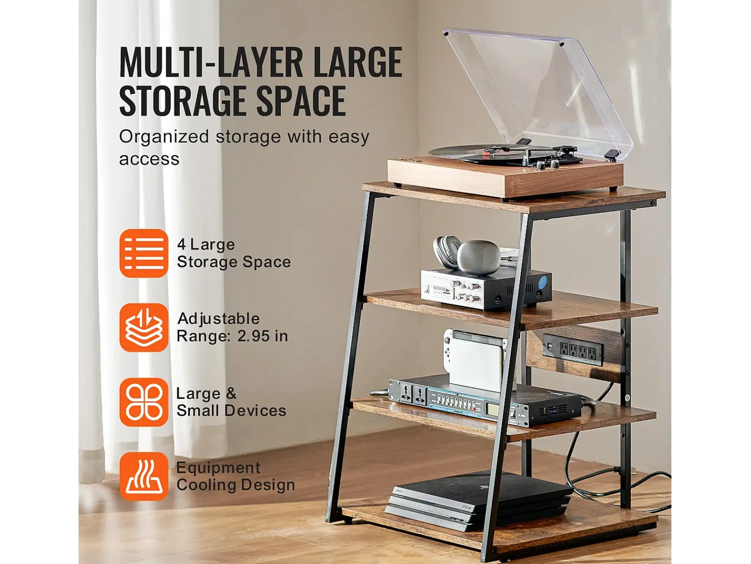 Móvel De Arrumação* Móvel SucceBuy Suporte Multimédia AV com 4 Níveis com Multitomadas, Suporte TV de Ângulo LED de Madeira Castanho