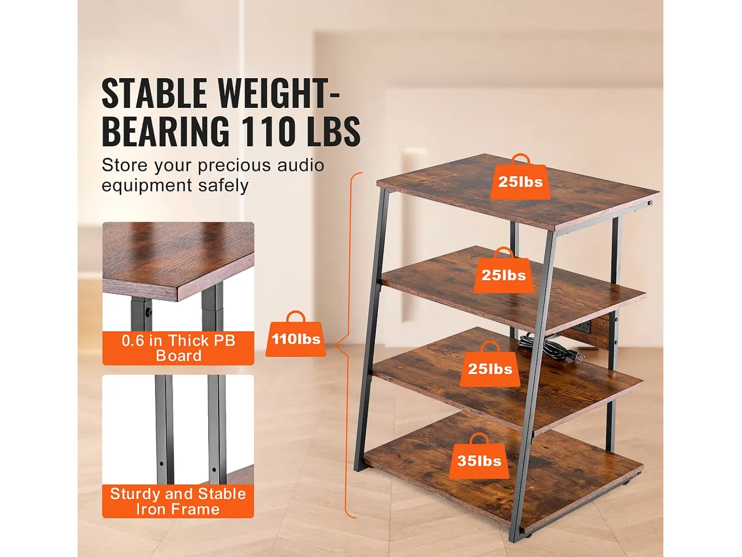 Móvel De Arrumação* Móvel SucceBuy Suporte Multimédia AV com 4 Níveis com Multitomadas, Suporte TV de Ângulo LED de Madeira Castanho