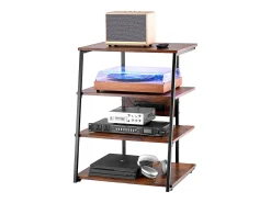 Móvel De Arrumação* Móvel SucceBuy Suporte Multimédia AV com 4 Níveis com Multitomadas, Suporte TV de Ângulo LED de Madeira Castanho