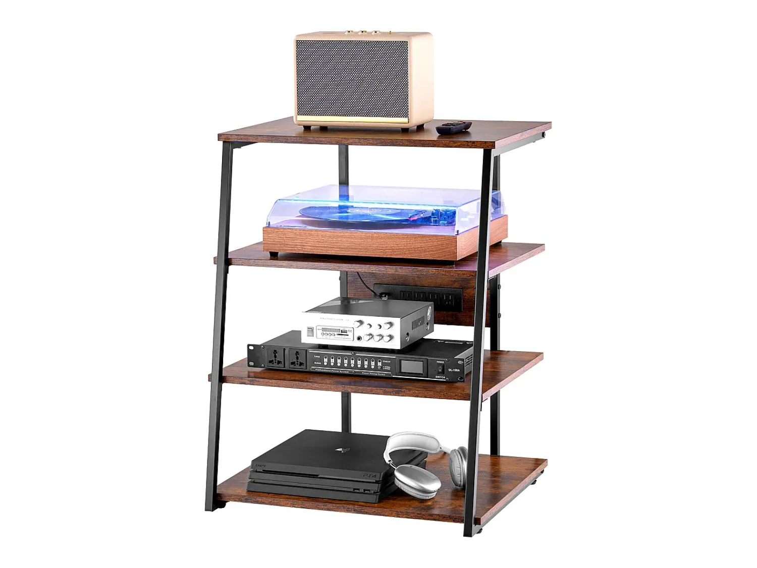 Móvel De Arrumação* Móvel SucceBuy Suporte Multimédia AV com 4 Níveis com Multitomadas, Suporte TV de Ângulo LED de Madeira Castanho