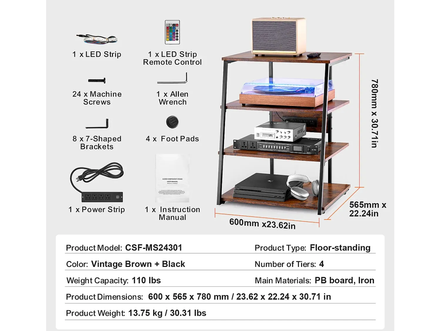 Móvel De Arrumação* Móvel SucceBuy Suporte Multimédia AV com 4 Níveis com Multitomadas, Suporte TV de Ângulo LED de Madeira Castanho