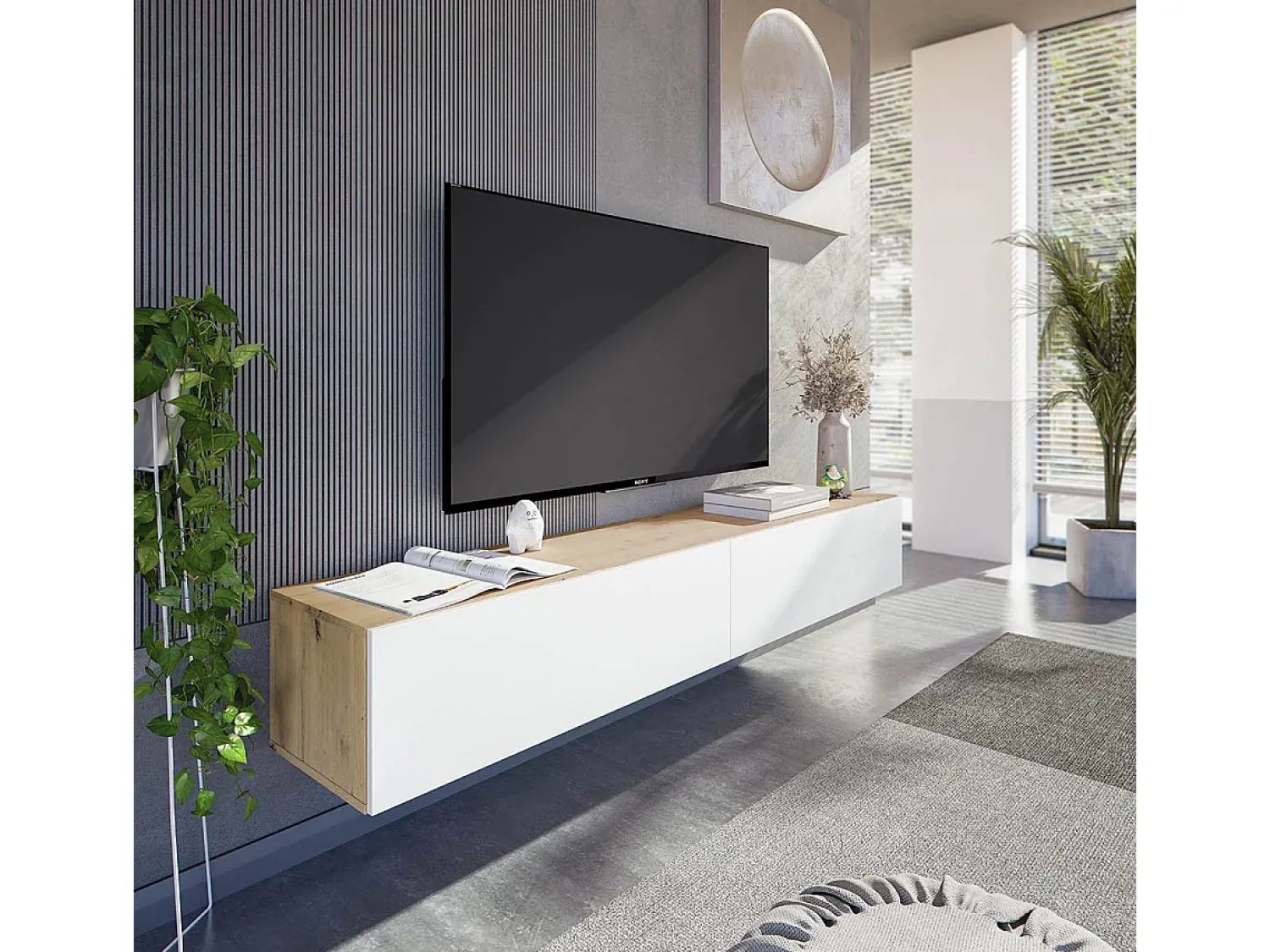 Online Calicosy Móvel suspenso com 2 portas e 2 nichos de armazenamento L180 cm - Kaway, design contemporâneo em carvalho nodi e ártico Branco