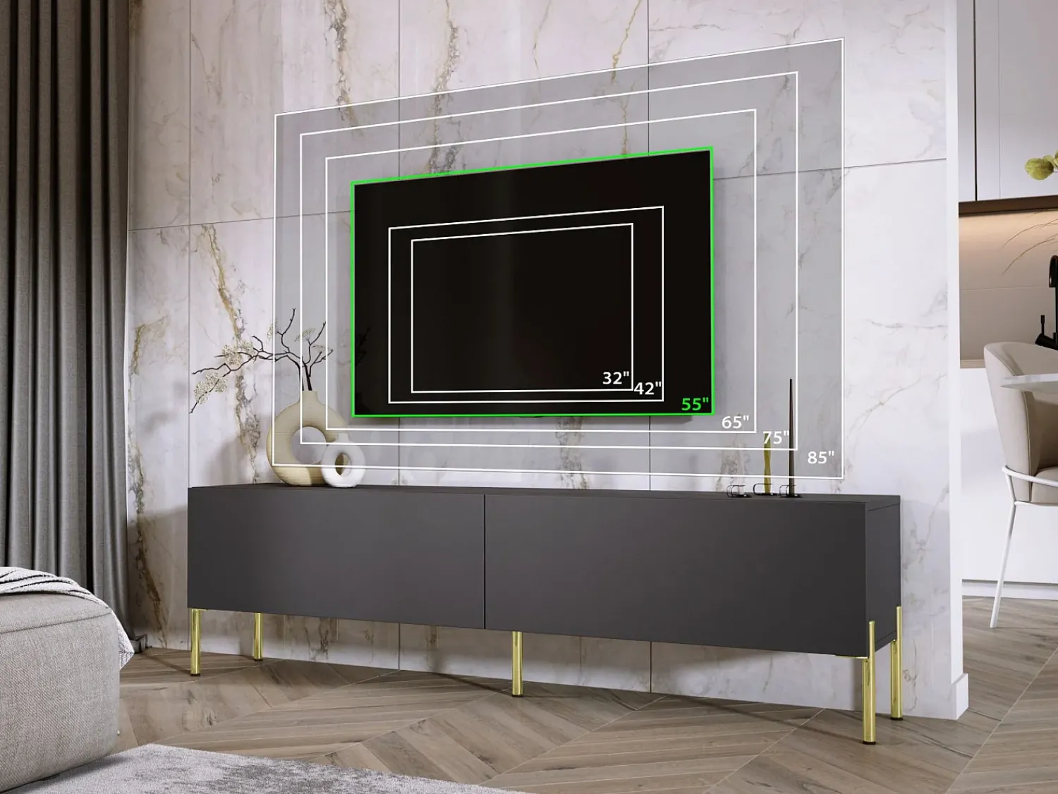 Móvel TV : Antracite, patas douradas, 170 x 52 x 32 cm^ Móvel De Tv