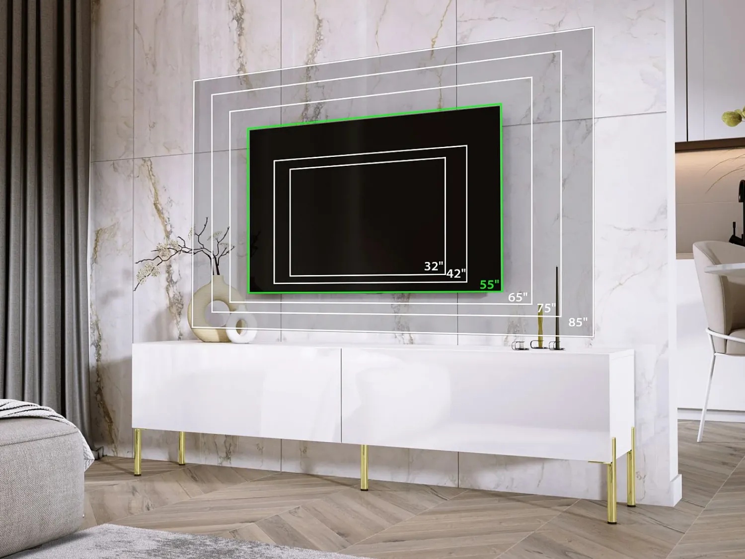 Móvel TV : Fosco / Brilhante, patas douradas, 170 x 52 x 32 cm Branco