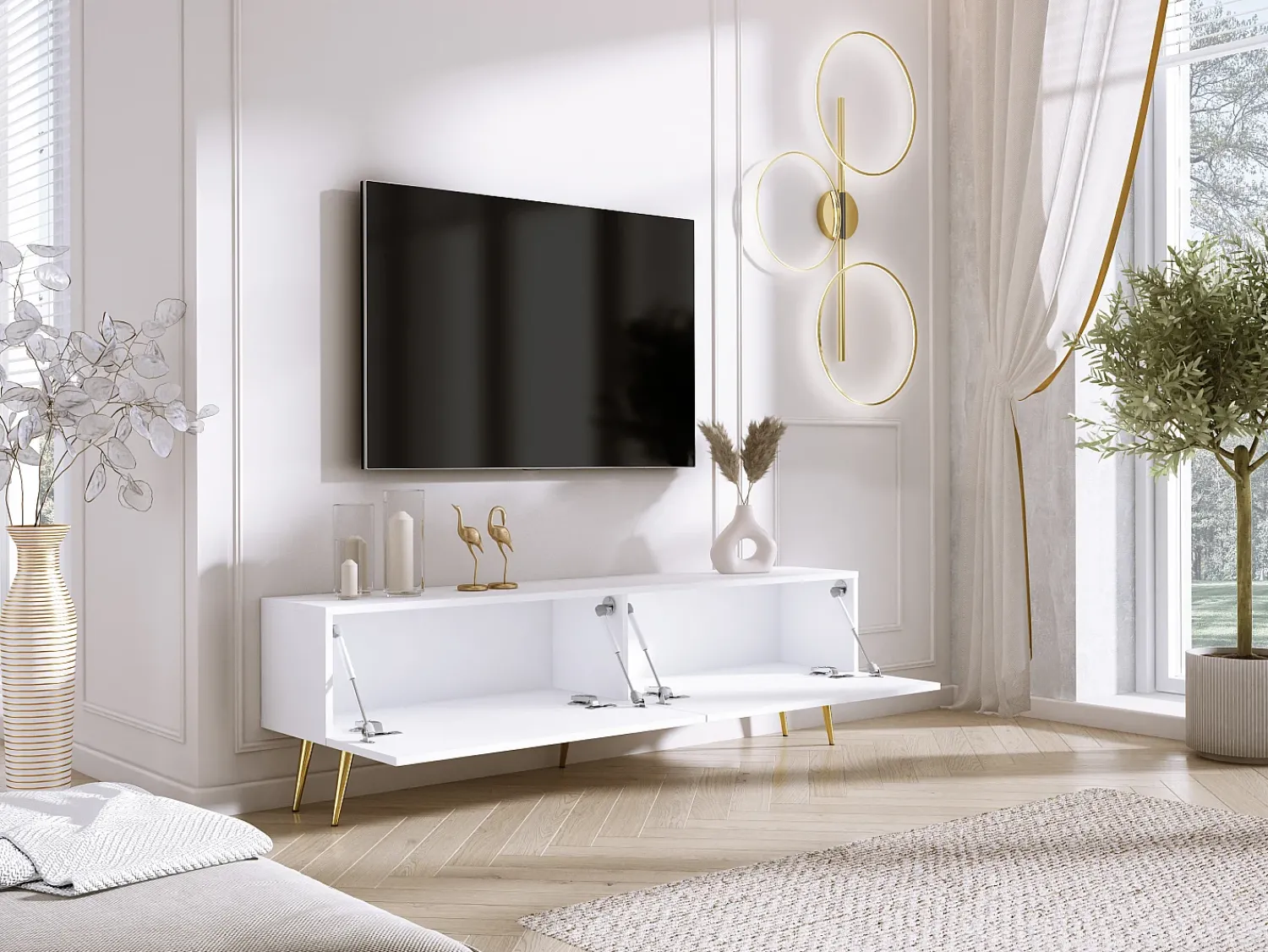 Móvel De Tv* Móvel TV : Fosco / Brilhante, patas douradas, 170 x 52 x 32 cm Branco