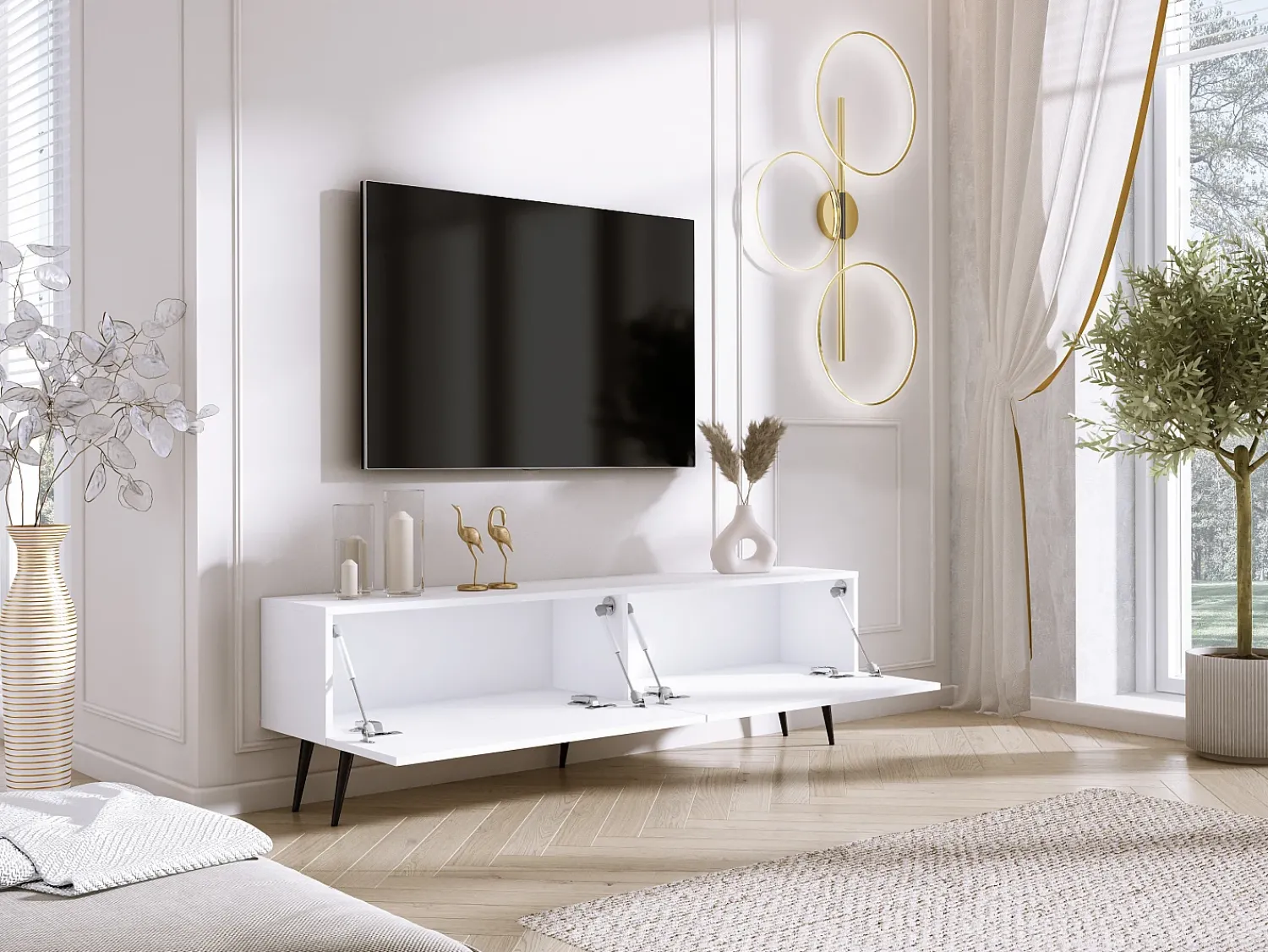 Hot Móvel TV : Fosco / Brilhante, patas pretas, 170 x 52 x 32 cm Branco