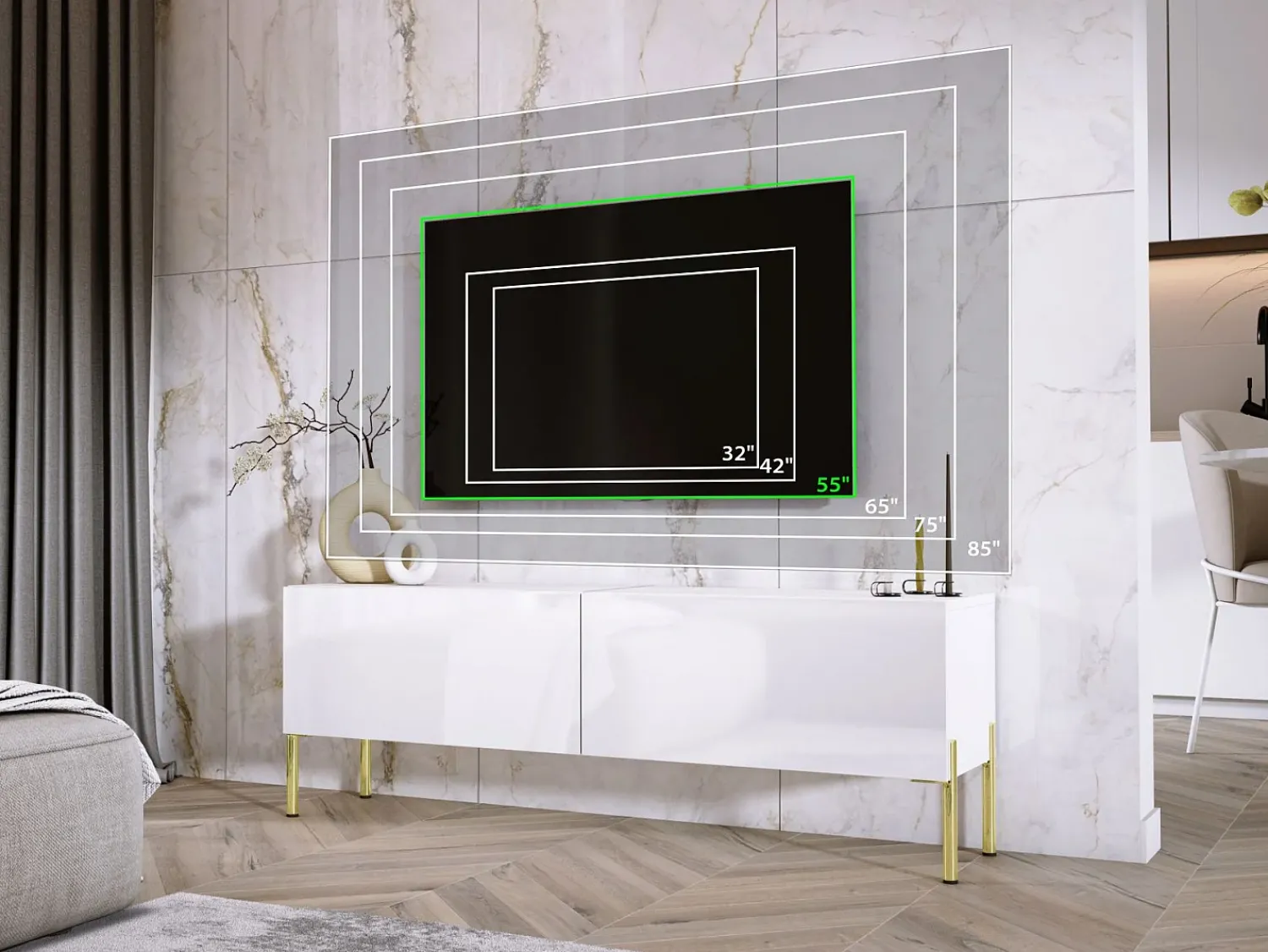 New Móvel TV : Fosco / Brilhante, patas dourados, 140 x 52 x 32 cm Branco
