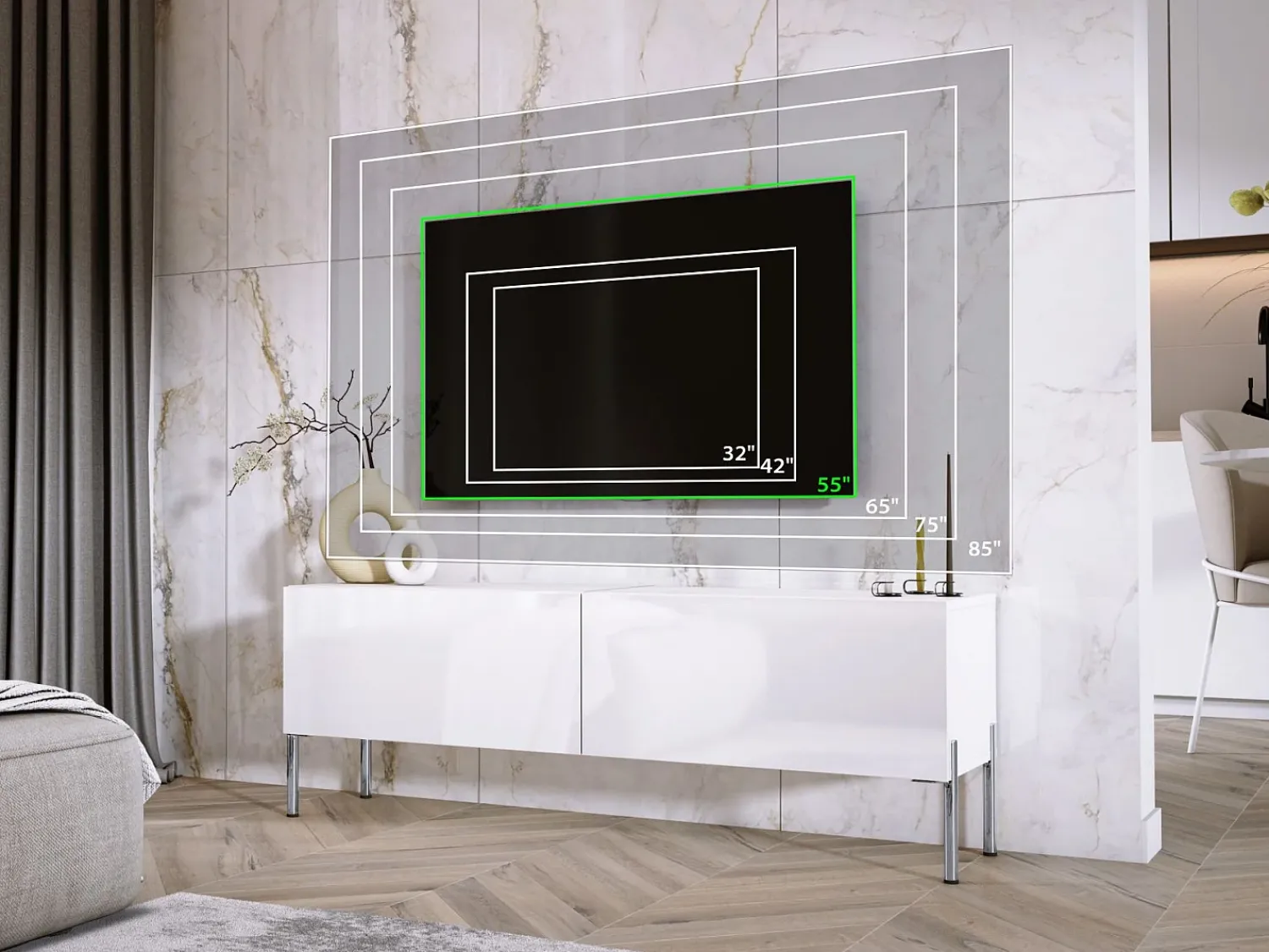 Discount Móvel TV : Fosco / Brilhante, patas cromadas, 140 x 52 x 32 cm Branco