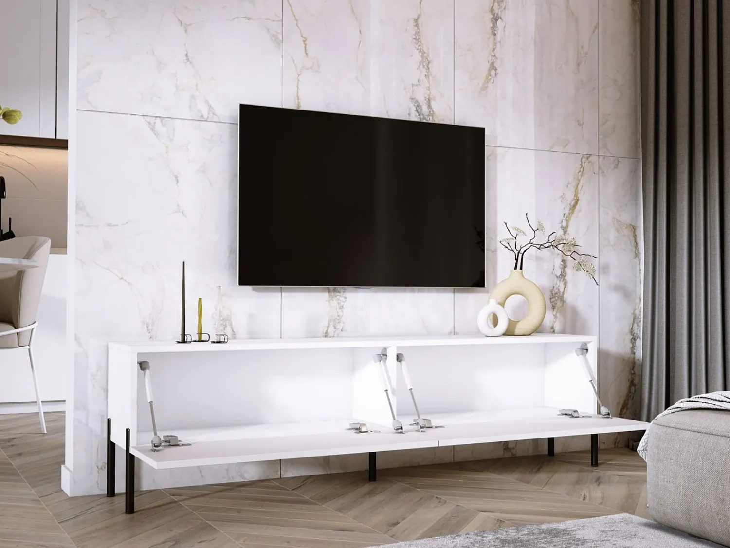 Móvel De Tv| Móvel TV : Fosco, patas pretas, 170 x 52 x 32 cm Branco