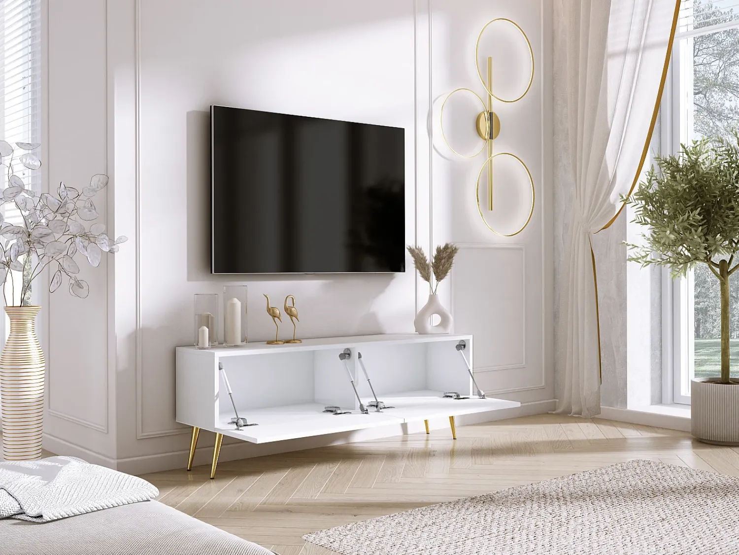 Discount Móvel TV : Fosco, patas dourados, 140 x 52 x 32 cm Branco