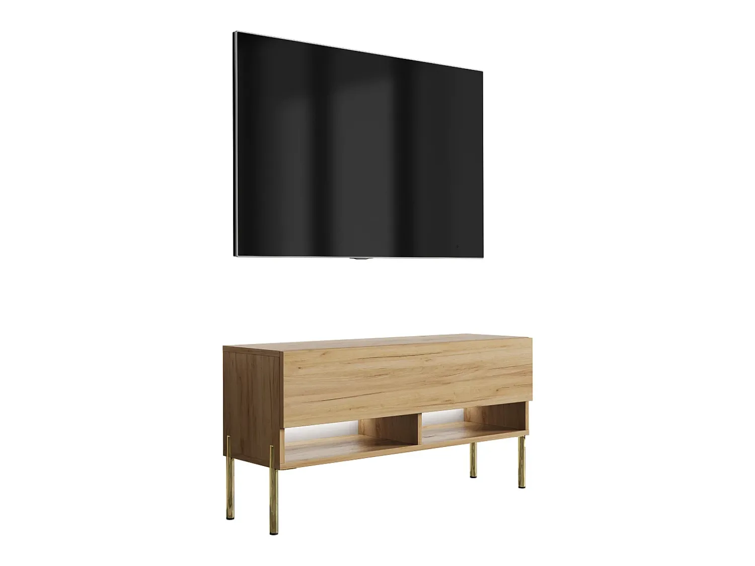 Móvel De Tv| Móvel TV : Carvalho Craft, pernas retas douradas, LED branco, 100 × 32 × 52 cm Castanho