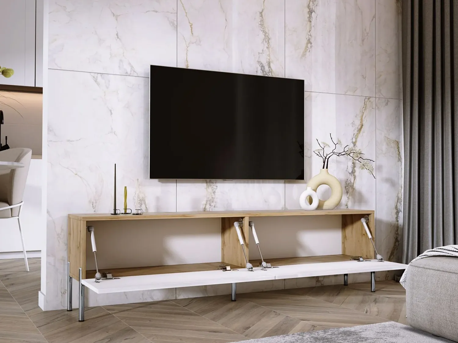 Outlet Móvel TV : Carvalho Wotan / Branco Brilhante, patas cromadas, 170 x 52 x 32 cm Castanho