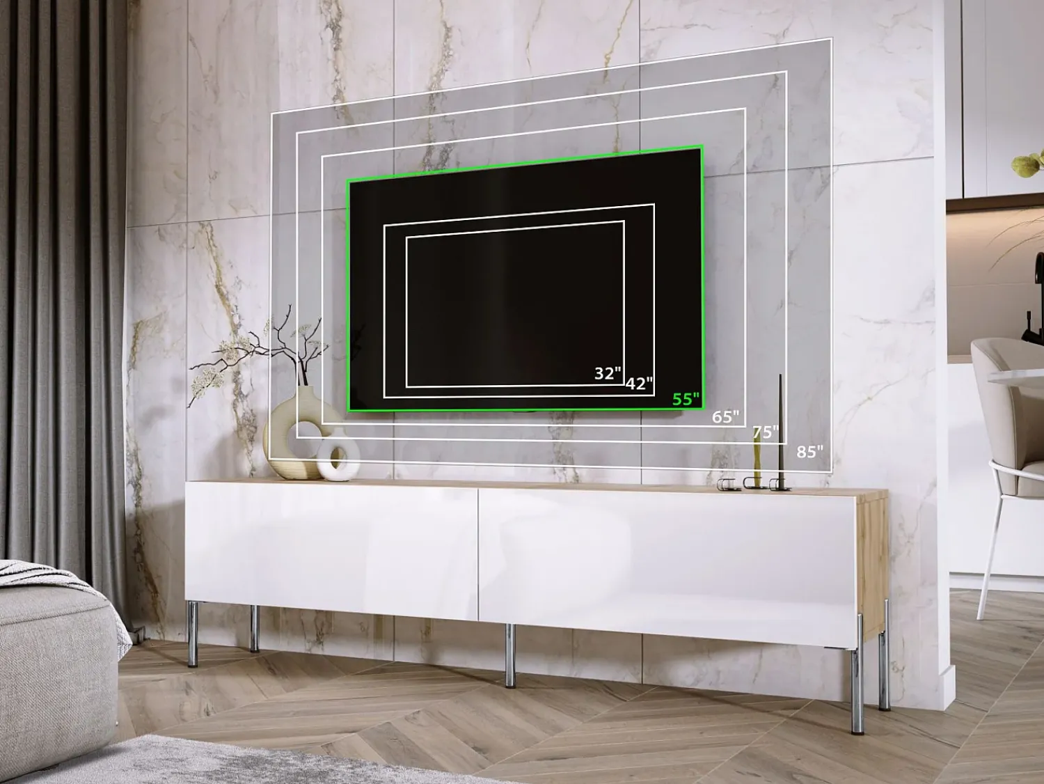 Outlet Móvel TV : Carvalho Wotan / Branco Brilhante, patas cromadas, 170 x 52 x 32 cm Castanho