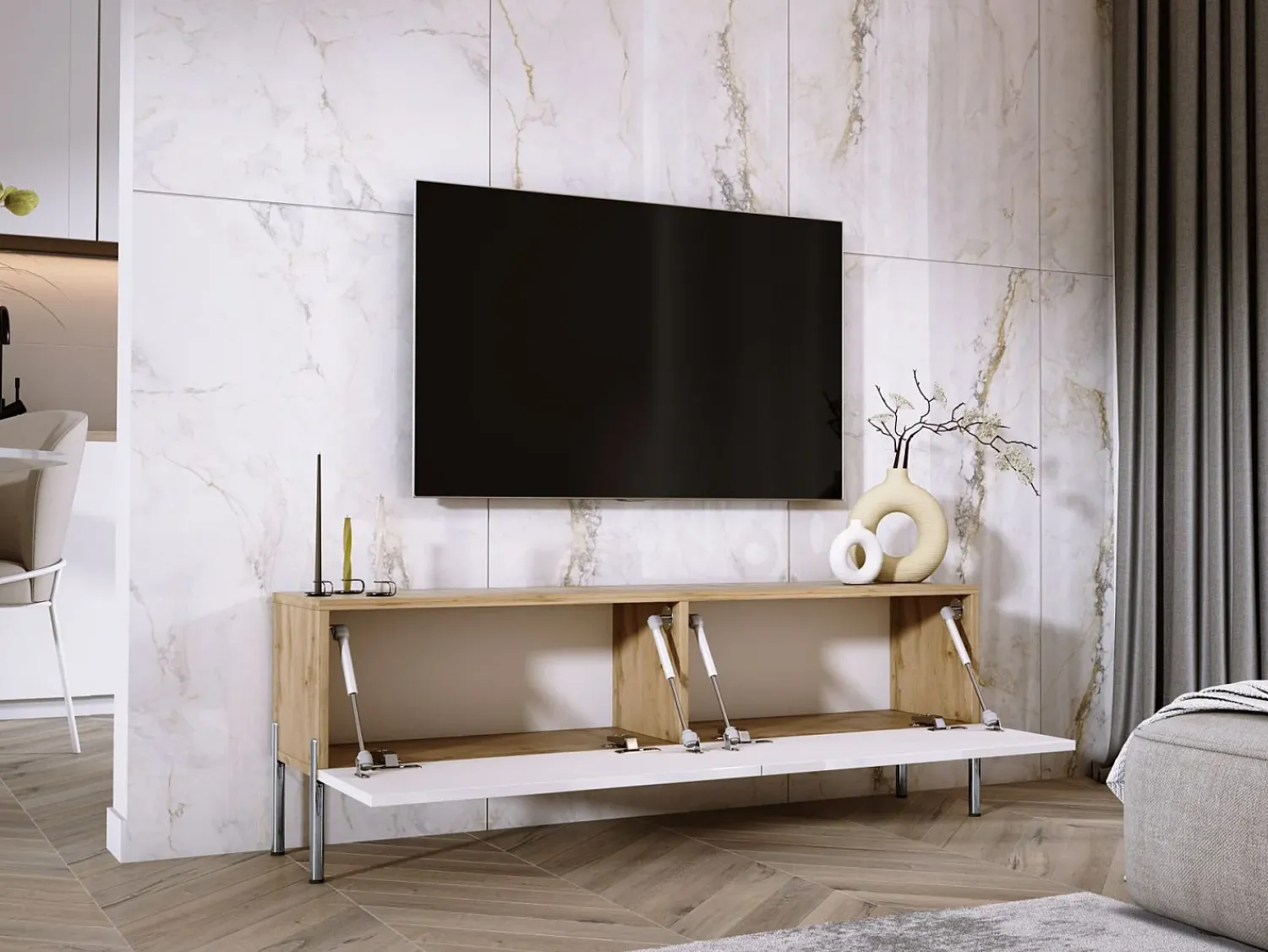 Móvel TV : Carvalho Wotan / Branco Brilhante, patas cromadas, 140 x 52 x 32 cm^ Móvel De Tv