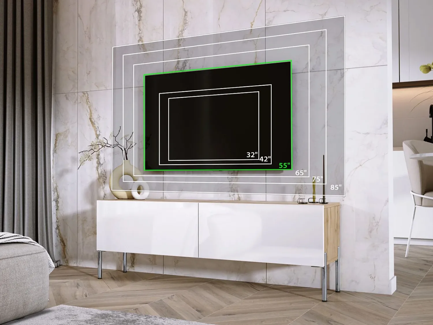 Móvel TV : Carvalho Wotan / Branco Brilhante, patas cromadas, 140 x 52 x 32 cm^ Móvel De Tv