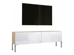 Móvel TV : Carvalho Wotan / Branco Brilhante, patas cromadas, 140 x 52 x 32 cm^ Móvel De Tv