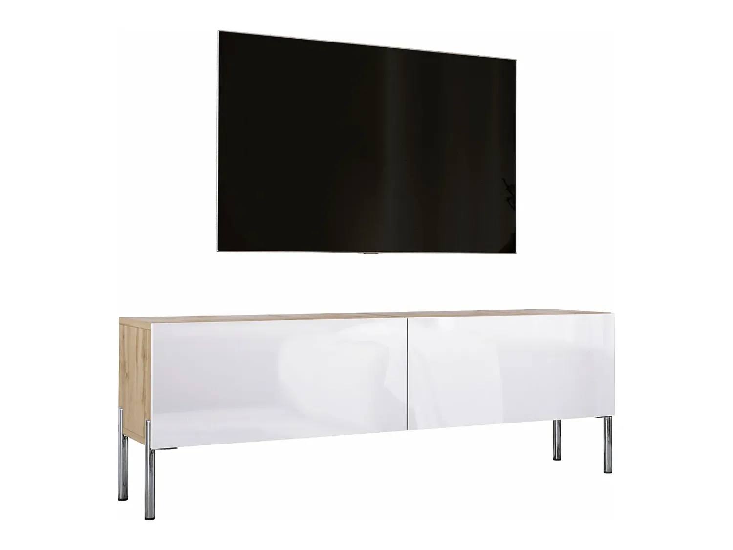 Móvel TV : Carvalho Wotan / Branco Brilhante, patas cromadas, 140 x 52 x 32 cm^ Móvel De Tv