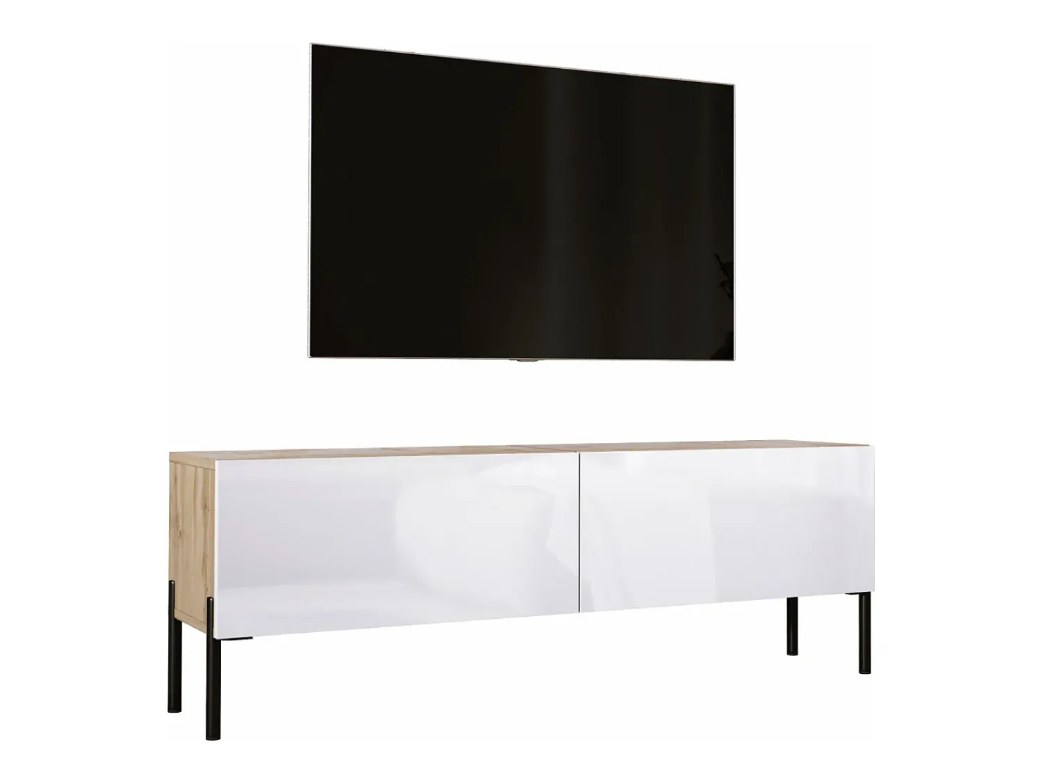 Móvel TV : Carvalho Wotan / Branco Brilhante, patas pretas, 140 x 52 x 32 cm^ Móvel De Tv