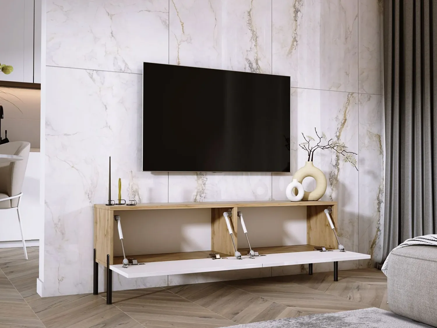 Móvel TV : Carvalho Wotan / Branco Brilhante, patas pretas, 140 x 52 x 32 cm^ Móvel De Tv