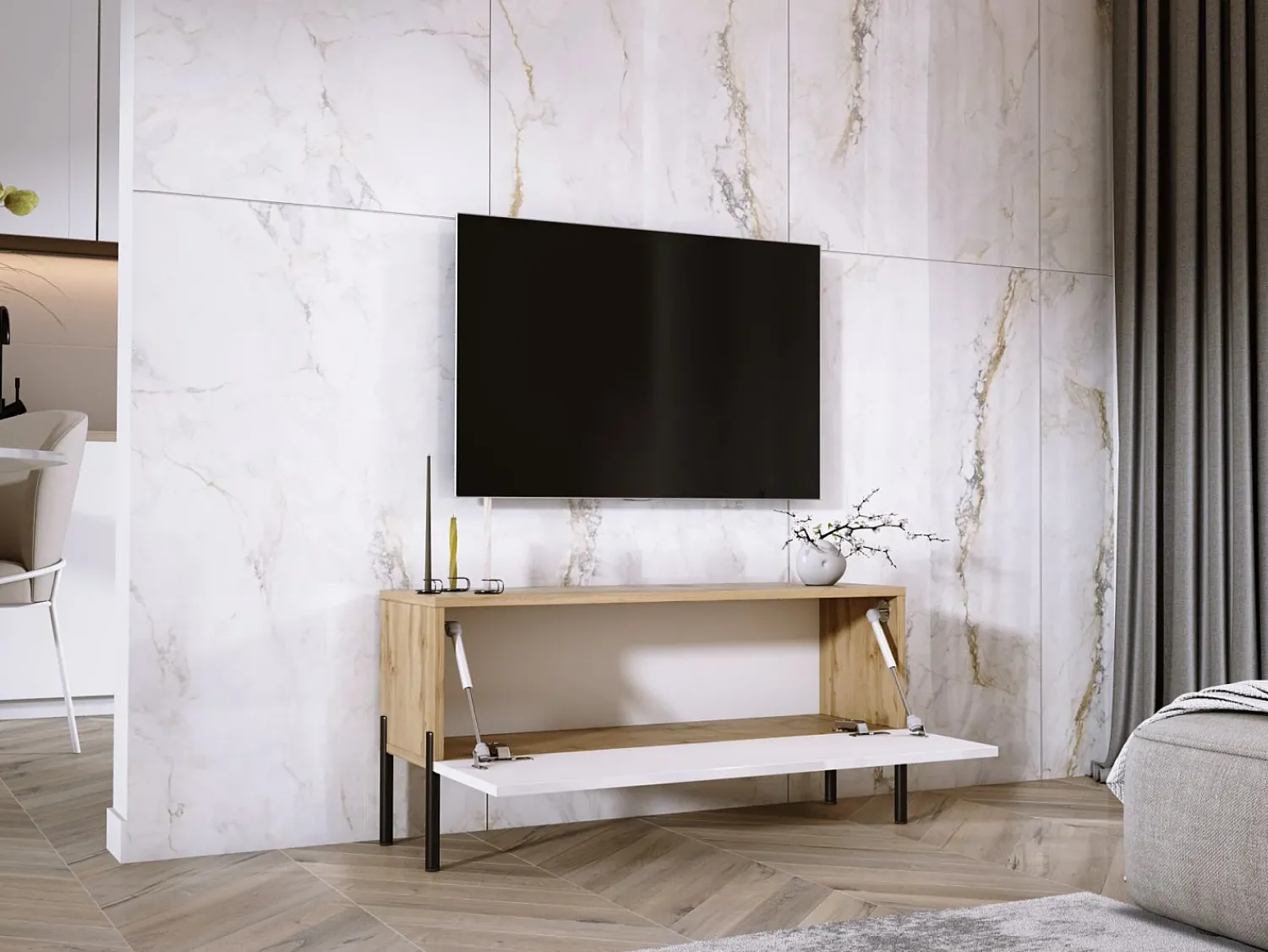 Sale Móvel TV : Carvalho Wotan / Branco Brilhante, patas pretas, 100 x 52 x 32 cm Castanho