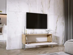 New Móvel TV : Carvalho Wotan / Branco Brilhante, patas cromadas, 100 x 52 x 32 cm Castanho
