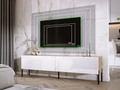 Móvel TV : Carvalho Wotan / Branco Brilhante, patas pretas, 170 x 52 x 32 cm^ Móvel De Tv