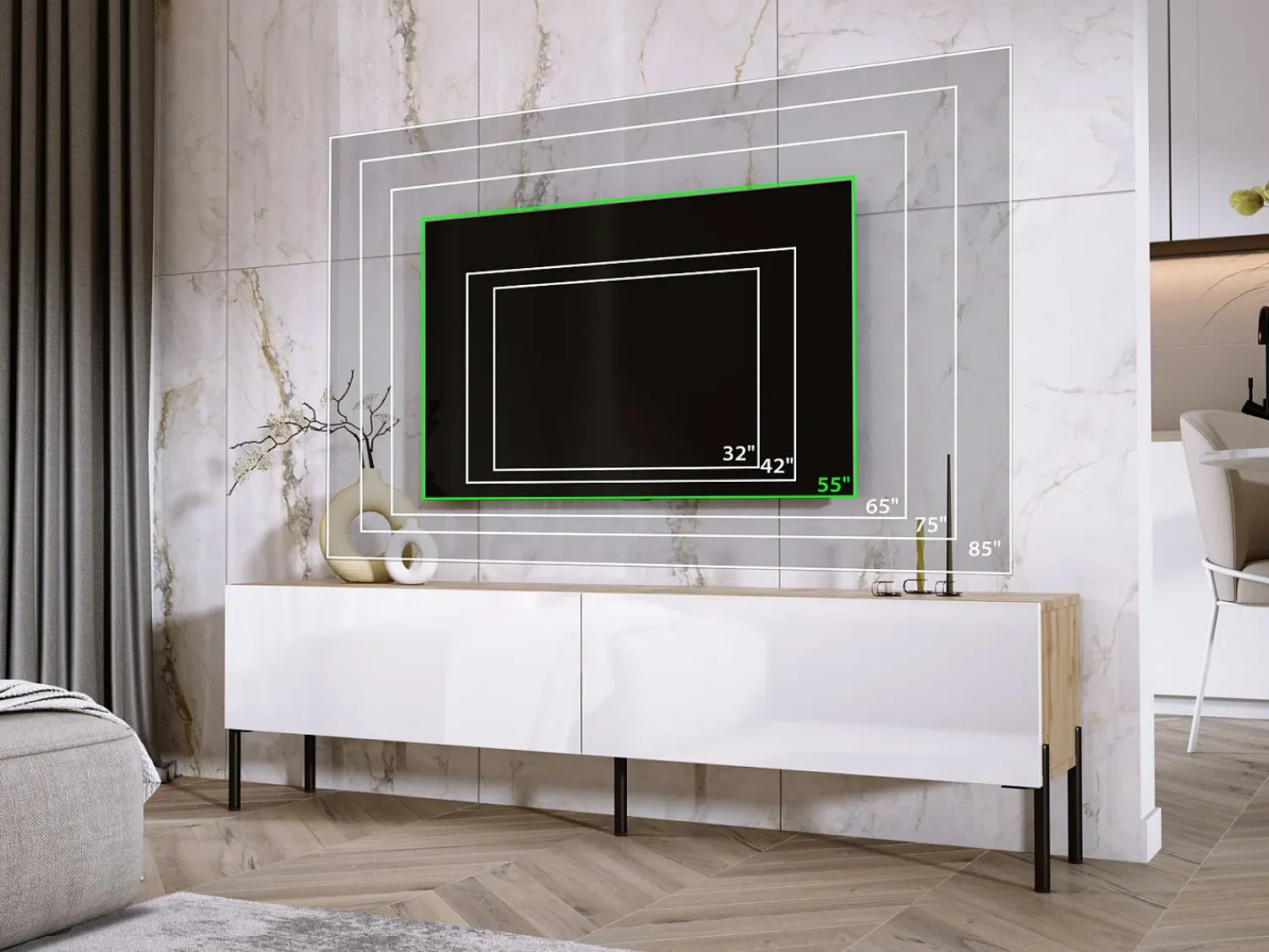Móvel TV : Carvalho Wotan / Branco Brilhante, patas pretas, 170 x 52 x 32 cm^ Móvel De Tv