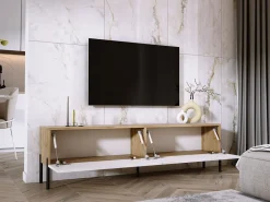 Móvel TV : Carvalho Wotan / Branco Brilhante, patas pretas, 170 x 52 x 32 cm^ Móvel De Tv