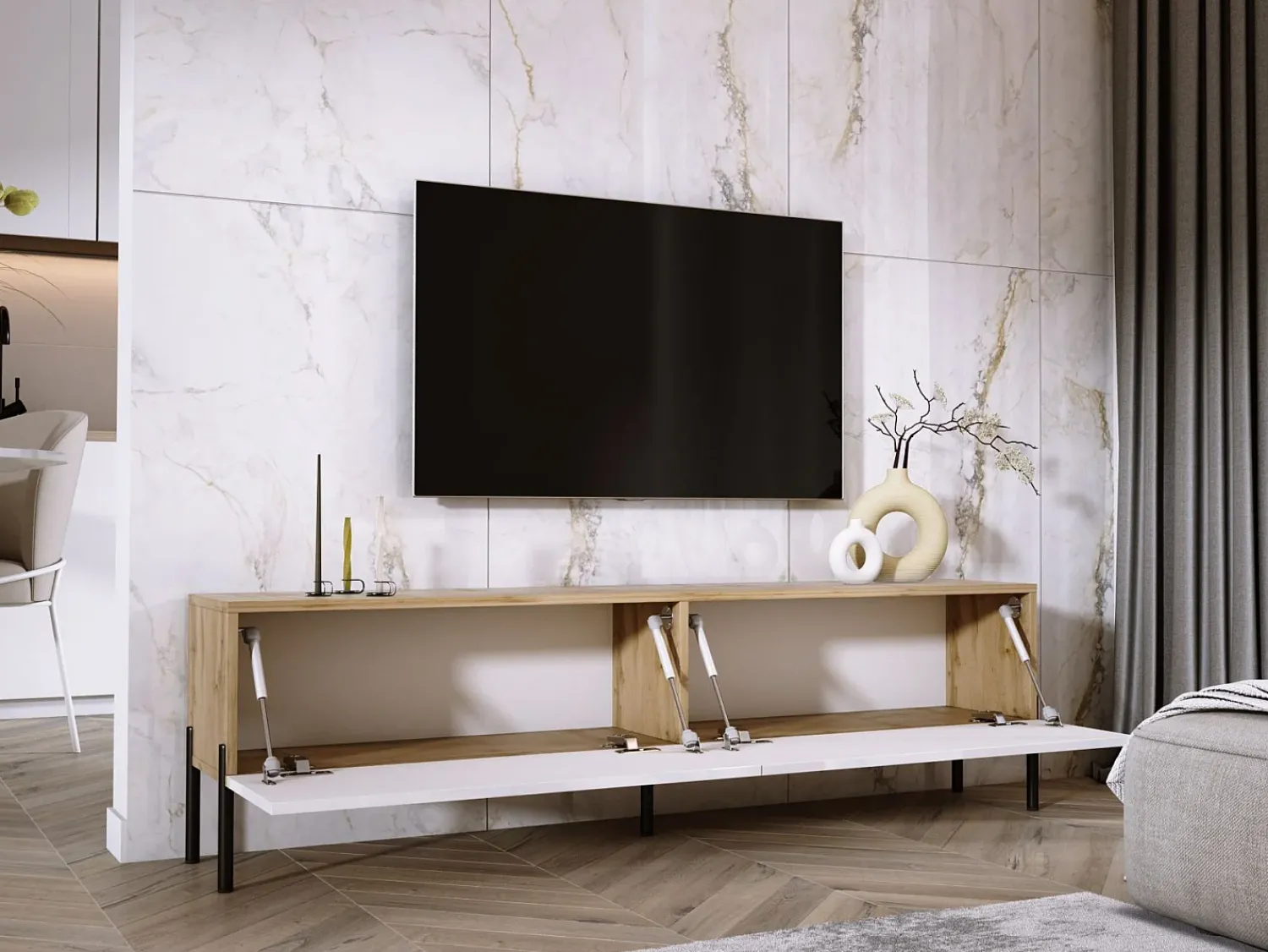 Móvel TV : Carvalho Wotan / Branco Brilhante, patas pretas, 170 x 52 x 32 cm^ Móvel De Tv