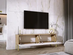 Móvel De Tv| Móvel TV : Carvalho Wotan / Branco Brilhante, patas dourados, 140 x 52 x 32 cm Castanho
